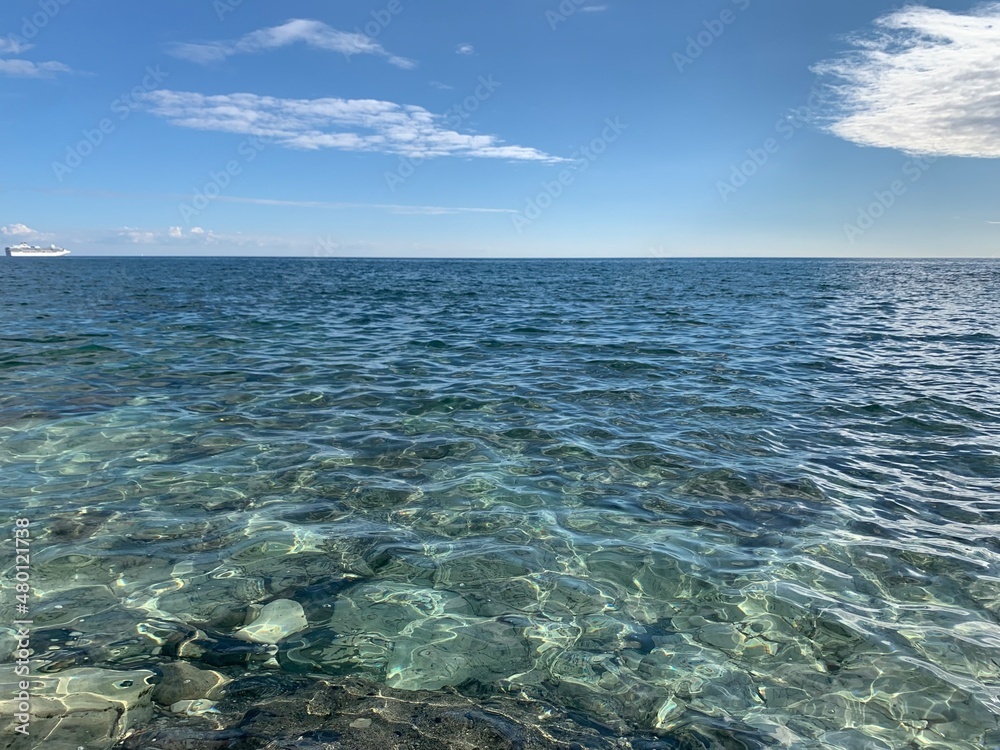 Transparent sea water surface, blue sky