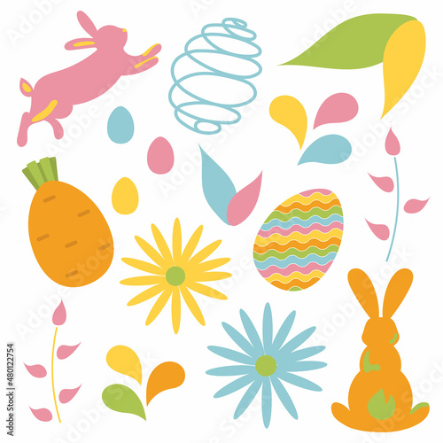 Set of cute Easter design elements. Easter bunny, leafs, grass, originals eggs and flowers. Perfect for holiday decoration poster, banners, web and spring greeting cards. Vector illustration