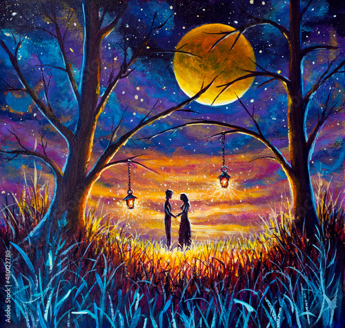 Romantic oil painting lovers on night field in tall grass by light of lanterns meeting starry night at sunset with big moon - Fantasy love art Modern impressionism painting.
