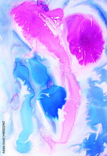 Pink and blue watercolor background. Transparent lines and spots. Paint leaks and ombre effects. Abstract hand-painted image.