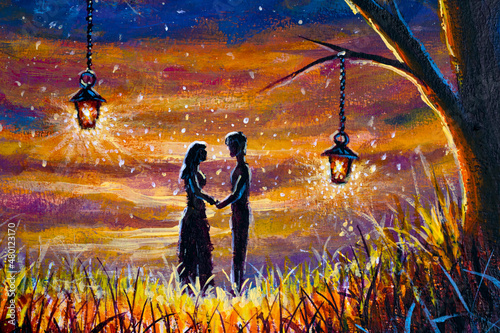 Love painting romantic mystic lovers on beautiful night. Date of lovers in light of lanterns and large moon in forest concept for fairytale paintings, artwork background artwork photo