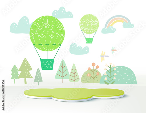 3d product podium, background with rainbow and clouds, weather with empty space for kids or baby product.