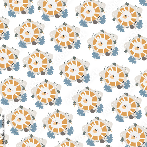 Hand drawn seamless pattern abstract cute lion cartoon premium vector 
for kids and baby. Print on t shirts, fabric, linen, textile and wallpaper background