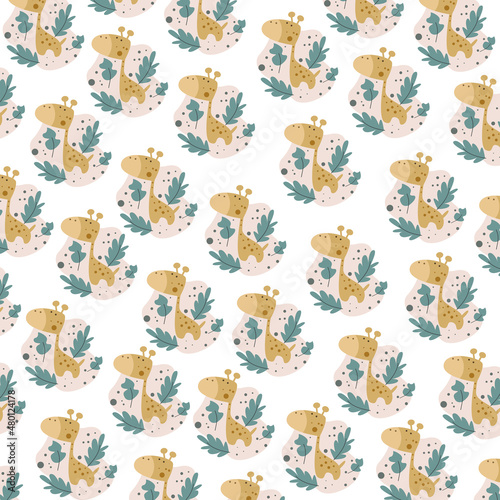 Illustration graphic seamless pattern abstract cute giraffe cartoon premium vector 
for kids and baby. Print on t shirts, fabric, linen, textile and wallpaper background