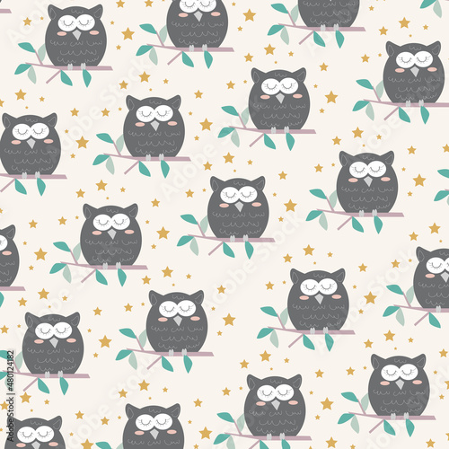Hand drawn seamless pattern abstract cute sleeping owl cartoon premium vector 
for kids and baby. Print on cloth, fabric, linen, textile and wallpaper background