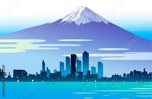 富士山が背景の都市の風景イラスト