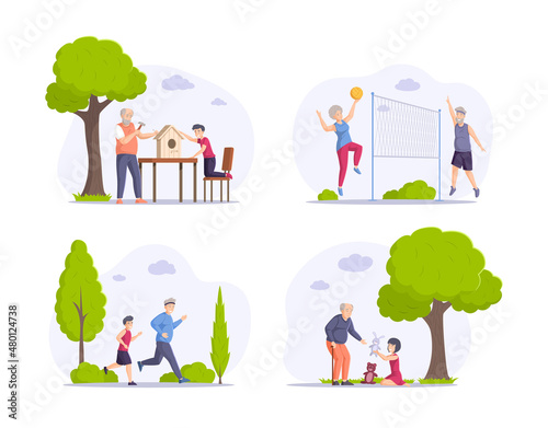 Grandparents spending time grandkids set. Family relatives building birdhouse, volleyball game