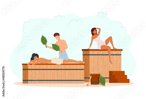 Diverse people wearing towels relaxing massage at sauna with heat steam broom spa hygienic procedure