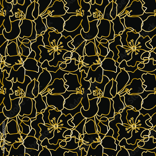 Seamless vector pattern with golden cherry blossoms on a black background. Simple, abstract print with spring flowers in doodle style. Design for textile, packaging, fabric, wrapping paper, scrapbook