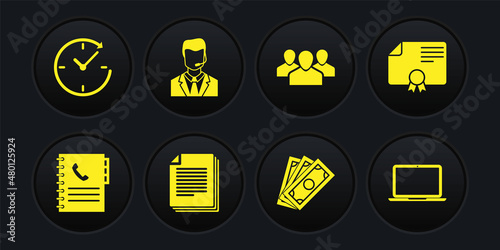 Set Phone book, Certificate template, Document, Stacks paper money cash, Users group and Man with headset icon. Vector