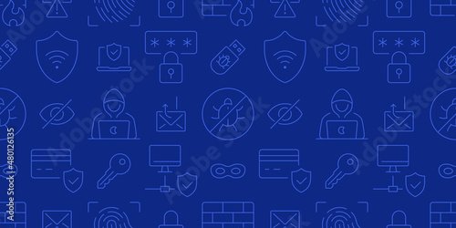 Cybersecurity blue seamless pattern. Vector on dark blue background included line icons as credit card, hood, hacker, shield, fingerprint, password, bug outline pictogram for digital protection