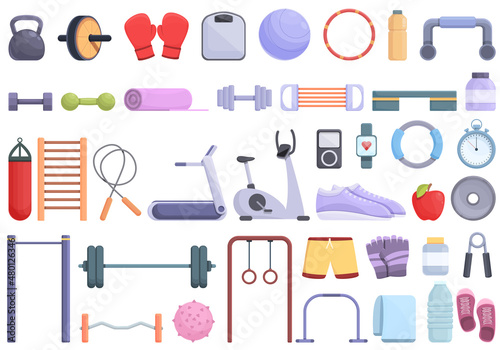 Fitness equipment icons set cartoon vector. Healthy gym. Active exercise