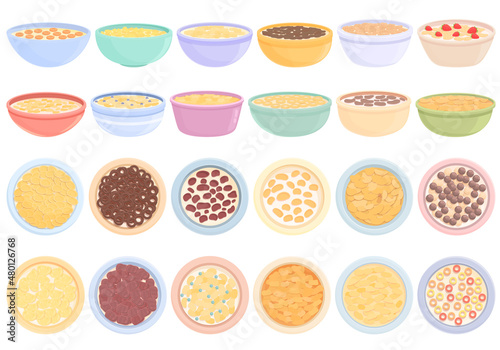 Breakfast cereal icons set cartoon vector. Granola snack. Cereal bar