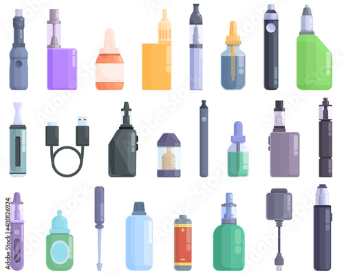 E-cigarette accessories icons set cartoon vector. Liquid cotton. Pincers vape