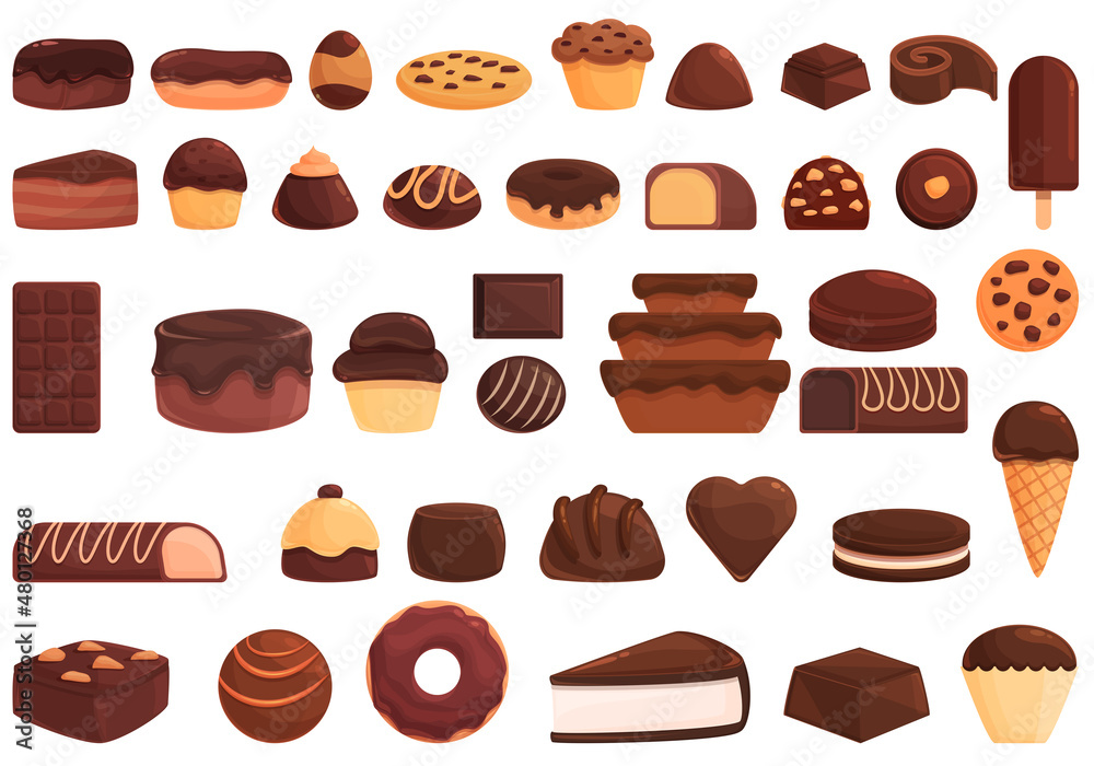 Chocolate festival icons set cartoon vector. Easter animal. Candy cake Chocolate festival icons set cartoon vector. Easter animal. Candy cake