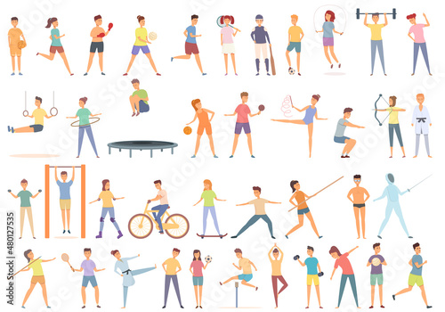 Sports school icons set cartoon vector. Kids tennis. Boy game