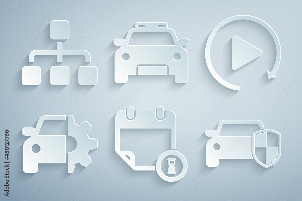 Set Calendar and clock, Video play button, Car service, protection or insurance, Police car flasher and Hierarchy organogram chart icon. Vector Set Calendar and clock, Video play button, Car service, protection or insurance, Police car flasher and Hierarchy organogram chart icon. Vector
