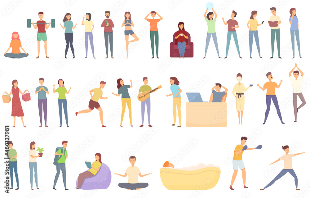 Stress reduction icons set cartoon vector. Anger balance. Control management Stress reduction icons set cartoon vector. Anger balance. Control management