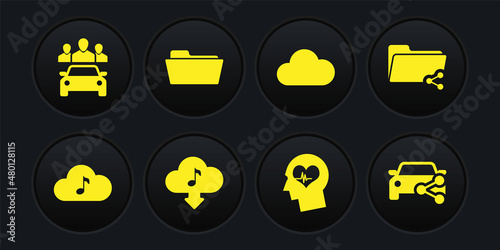 Set Music streaming service, Share folder, Cloud download music, Head with heartbeat, and Folder icon. Vector