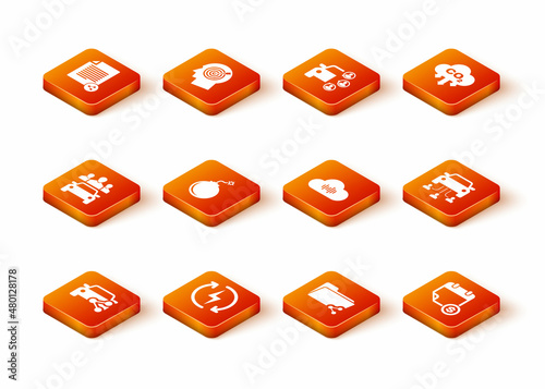Set Car sharing, Recharging, , Bomb ready to explode, Share folder and Music streaming service icon. Vector