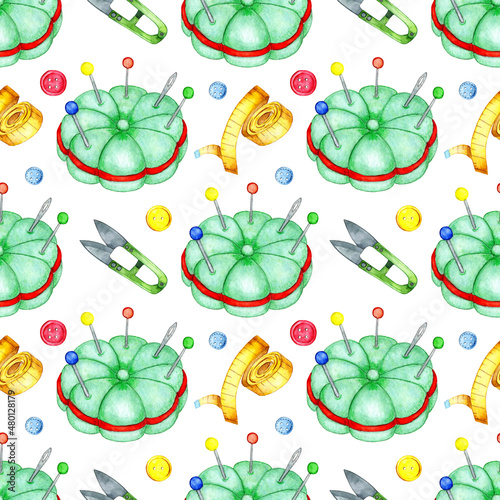 Watercolor illustration of a green pillow pattern for inserting and storing needles and pins, scissors, centimeters tape and buttons. The pincushion is a tool for tailors, needlewomen and housewives.