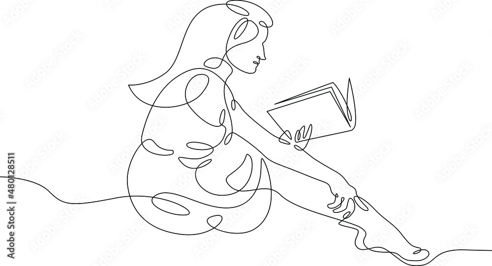 One continuous line.Woman reads a book. A student reads a textbook. Library and Education.Continuous line drawing.Lineart isolated white background.