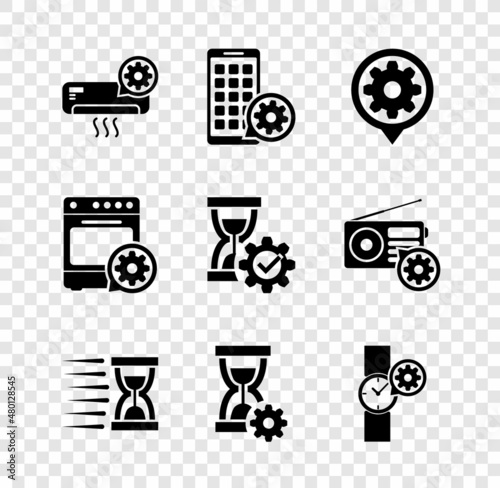 Set Air conditioner setting, Mobile Apps, Setting, Old hourglass with sand, Hourglass and Wrist watch icon. Vector