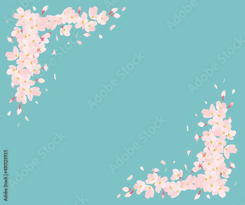 桜 花びら舞う 左上と右下に桜 フレーム 青空