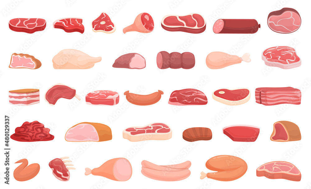 Meat shop icons set cartoon vector. Food protein. Healthy supermarket