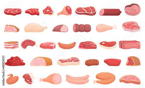 Meat shop icons set cartoon vector. Food protein. Healthy supermarket