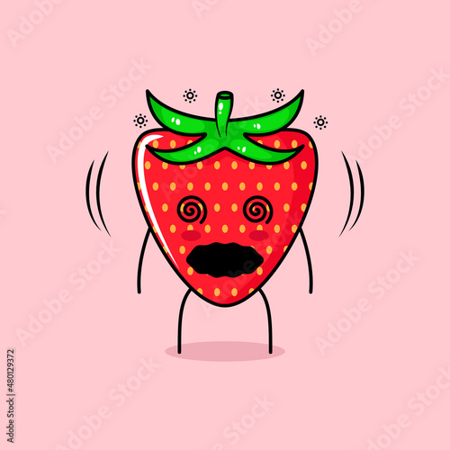 cute strawberry character with dizzy expression and rolling eyes. green and red. suitable for emoticon, logo, mascot and icon