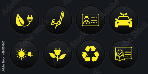 Set Sun with electric plug, Eco car concept drive, Electric saving in leaf, Recycle symbol, Identification badge, Signature, Certificate template and icon. Vector