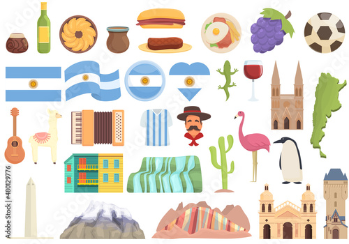 Argentina icons set cartoon vector. Travel culture. Soccer map