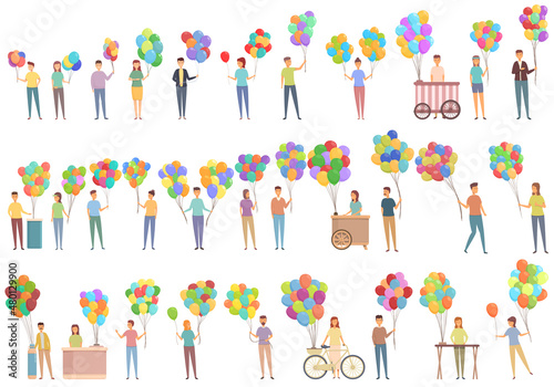 Balloon seller icons set cartoon vector. Buyer child. Amusement salesman