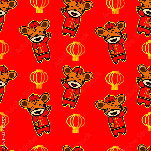 Happy Chinese New Year 2022 Cute Tiger Seamless Pattern