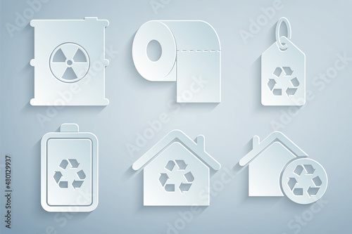 Set Eco House with recycling, Tag recycle, Battery, Toilet paper roll and Radioactive waste barrel icon. Vector