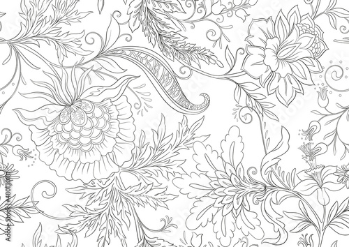 Fantasy flowers in retro, vintage, jacobean embroidery style. Seamless pattern, background. Vector illustration.