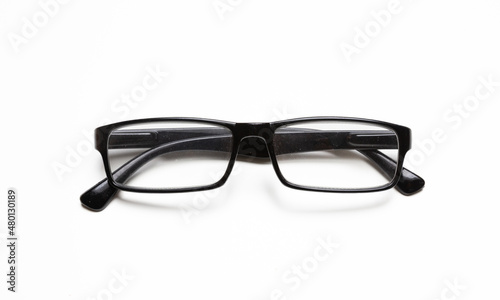 Black frame eyeglasses, Myopia, presbyopia eye glasses isolated cutout on white background