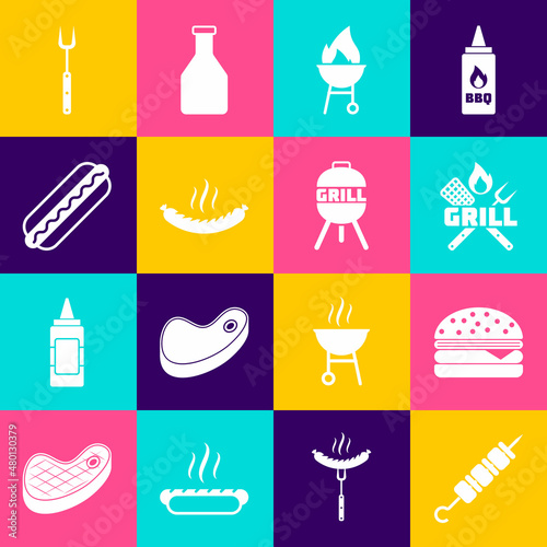 Set Grilled shish kebab, Burger, Crossed fork and spatula, Barbecue grill, Sausage, Hotdog sandwich, and icon. Vector
