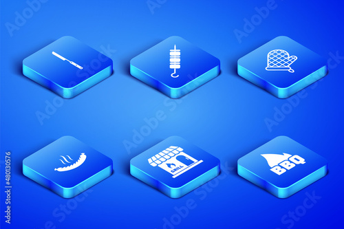 Set Barbecue fire flame, knife, shopping building, Sausage, Grilled shish kebab and Oven glove icon. Vector