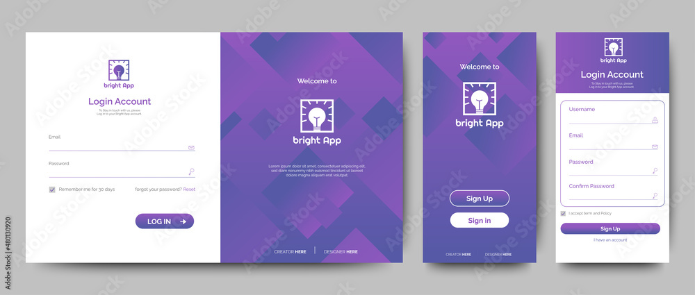 Set of Sign Up and Sign In forms. Purple gradient. Mobile Registration and login forms page. Professional web design, full set of elements. User-friendly design materials. Set of Sign Up and Sign In forms. Purple gradient. Mobile Registration and login forms page. Professional web design, full set of elements. User-friendly design materials.