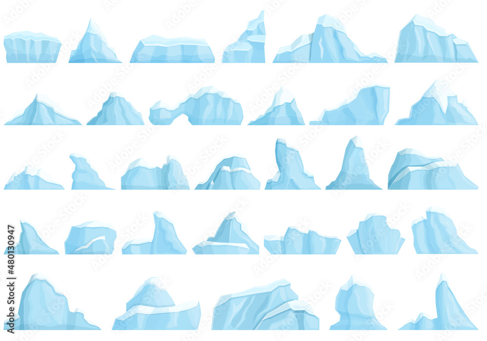 Iceberg icons set cartoon vector. Winter melting. Climate cold