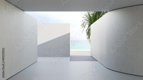 Empty white curve wall on concrete floor in modern beach house or apartment. Home interior 3d rendering of bright living room with sea view background.