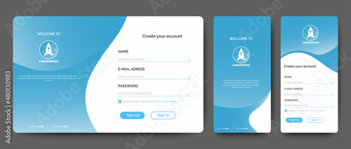 Set of Sign Up and Sign In forms. Blue-Gray gradient. Mobile Registration and login forms page. Professional web design, full set of elements. User-friendly design materials.