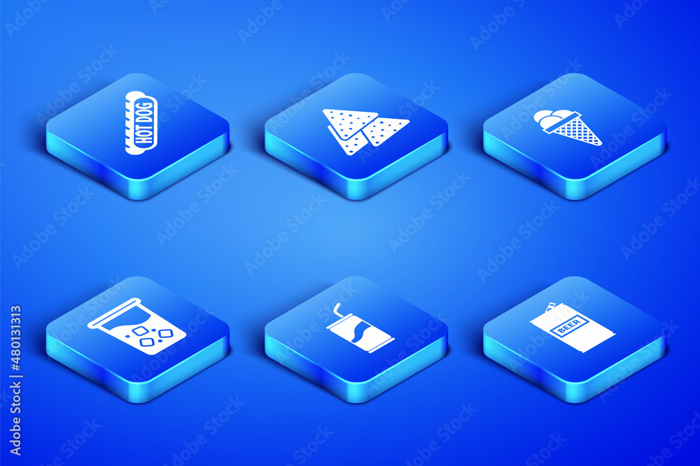 Set Beer can, Hotdog sandwich, Soda with drinking straw, Glass water, Nachos and Ice cream waffle cone icon. Vector Set Beer can, Hotdog sandwich, Soda with drinking straw, Glass water, Nachos and Ice cream waffle cone icon. Vector