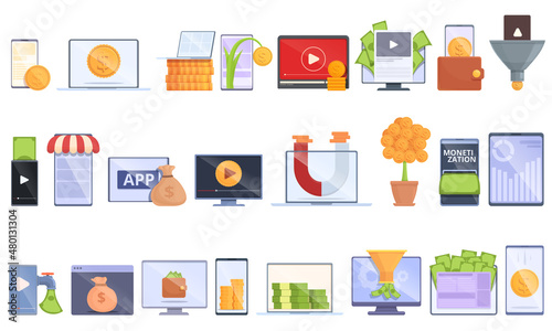 Monetization icons set cartoon vector. Website benefit. Computer content