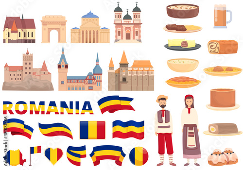 Romania icons set cartoon vector. Food map. Dracula castle