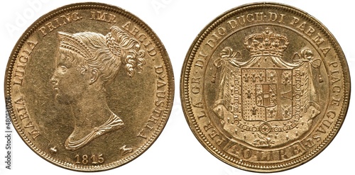 Italy Italian Parma golden coin 40 forty lire 1815, ruler Maria Luigia, head left, coat of arms,