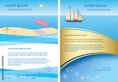 banner for summer vacation - sand beach and sailboat on waves - vector template of advertisement