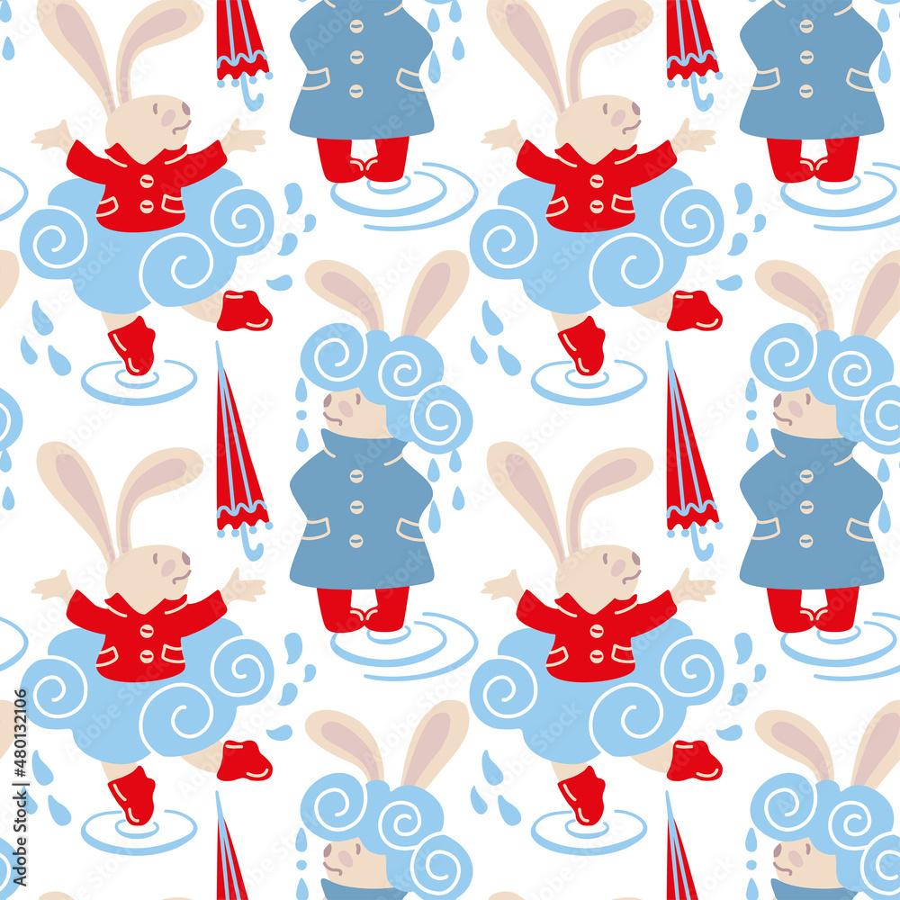 Rabbit in the rain. Fantasy print for baby products. Seamless pattern. Vector. Rabbit in the rain. Fantasy print for baby products. Seamless pattern. Vector.